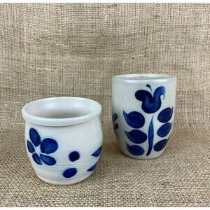 Lot of 2 Salt Glazed Pottery Cup Vase Floral Design